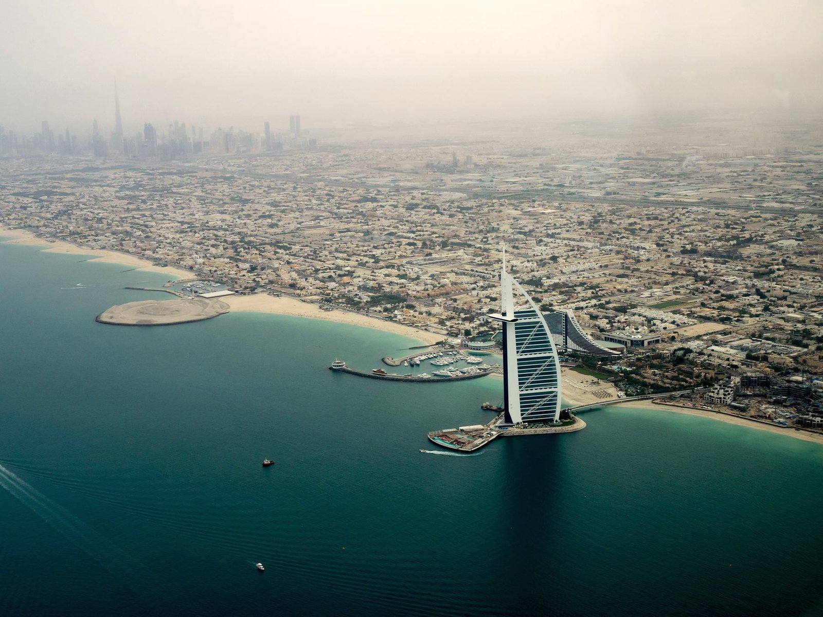 Aerial view of the Jumeirah coastline and Burj Al Arab